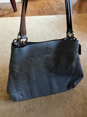 Coach Gray Embossed Signature Shoulder Bag with Brown Straps